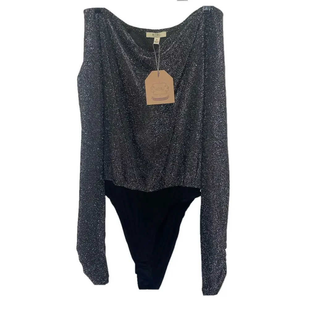 Kori Black Glitter Long Sleeve Bodysuit Shimmer Knit Small Party Cowl Neck